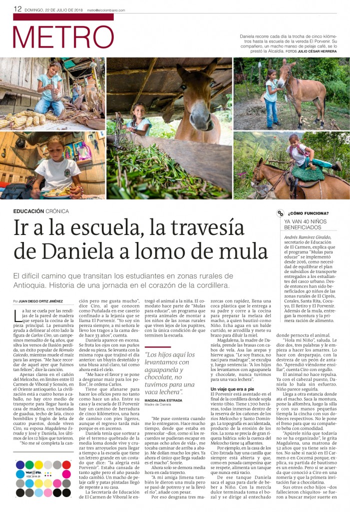 Ir a la escuela, la travesía de Daniela a lomo de mula (1). Julio 22 de 2018, página 12-001