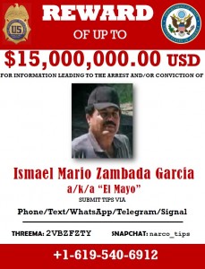 El cartel con la millonaria recompensa contra "el Mayo" Zambada. Foto de cortesía.