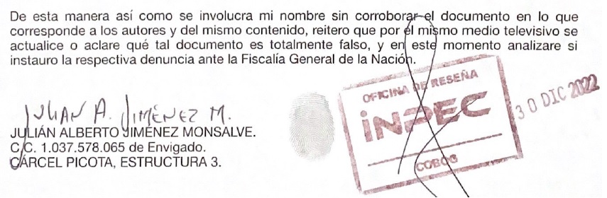 Fragmento de la carta de "Julián Machete" enviada desde la cárcel a un medio de comunicación. Cortesía.